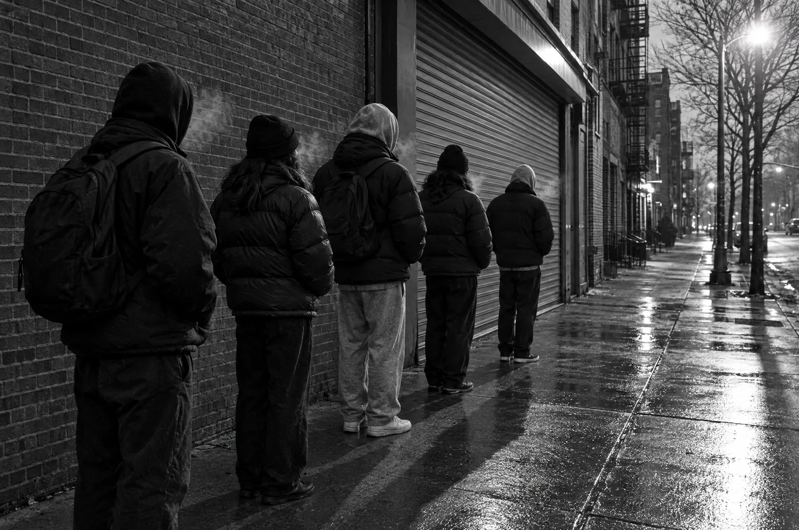 Black and white photo of five people in hoodies and puffer jackets waiting in line along a brick wall outside a closed shop shutter at dawn.