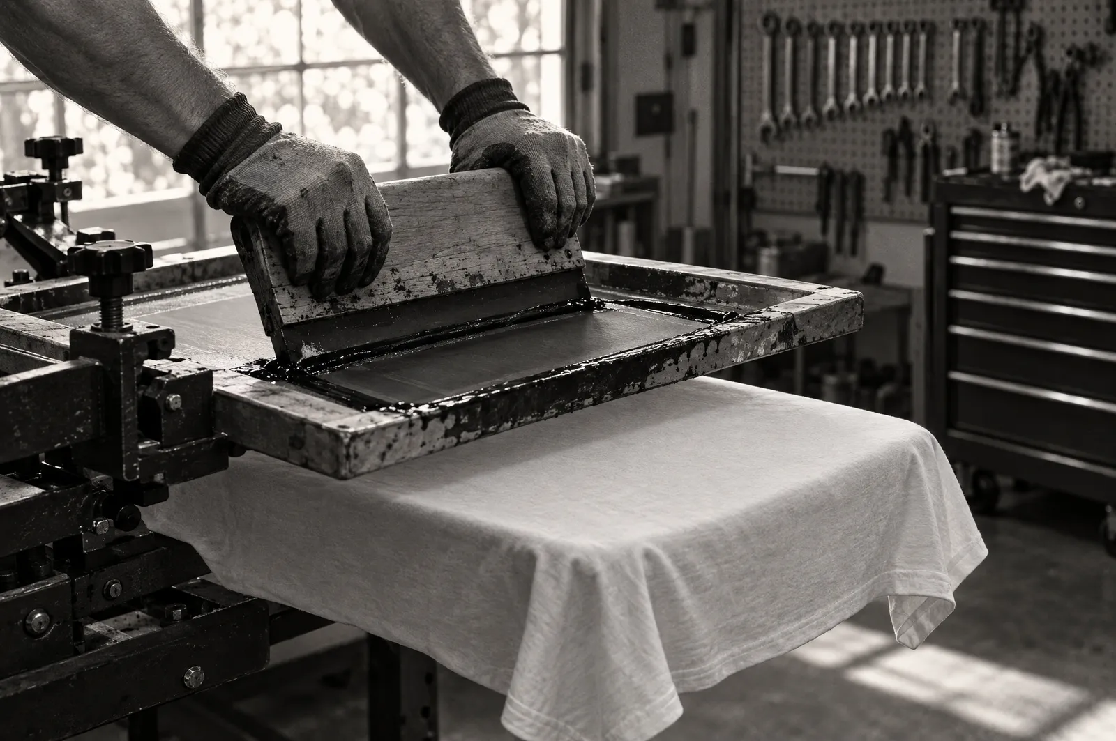 Black and white photo of gloved hands pulling a squeegee across a silk screen over a blank white T-shirt, with wrenches on a pegboard behind.