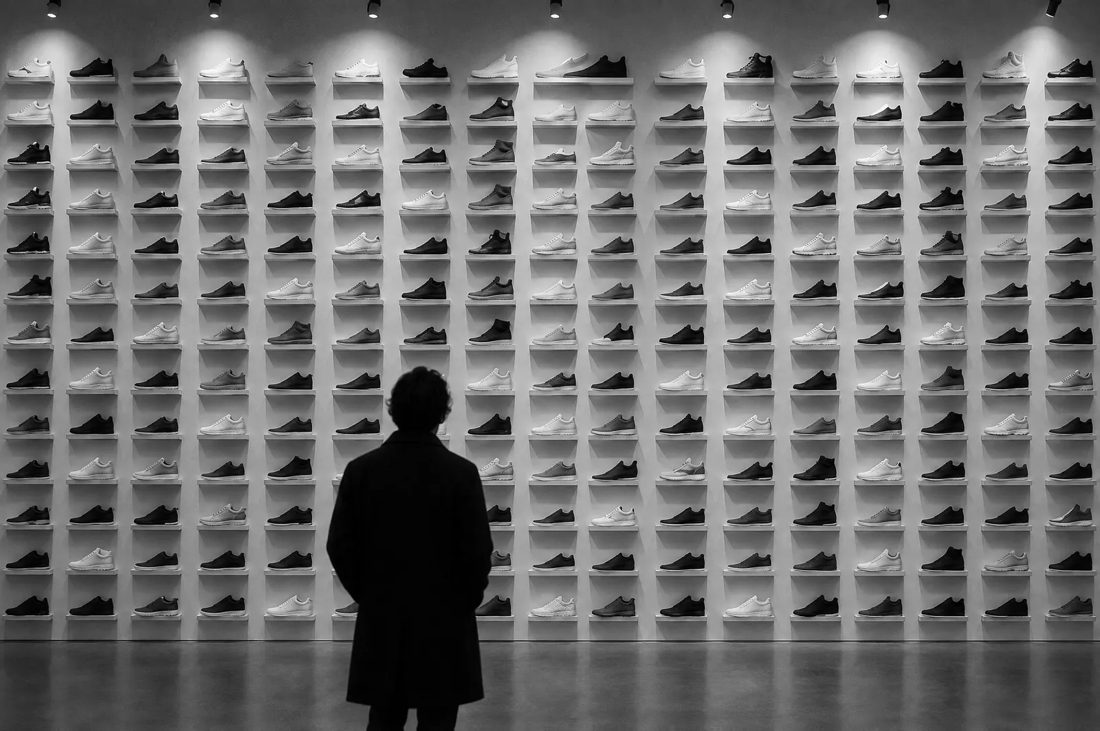 Black and white photo of a gallery wall lined with hundreds of plain sneakers on small shelves, with one visitor in silhouette looking up at it.