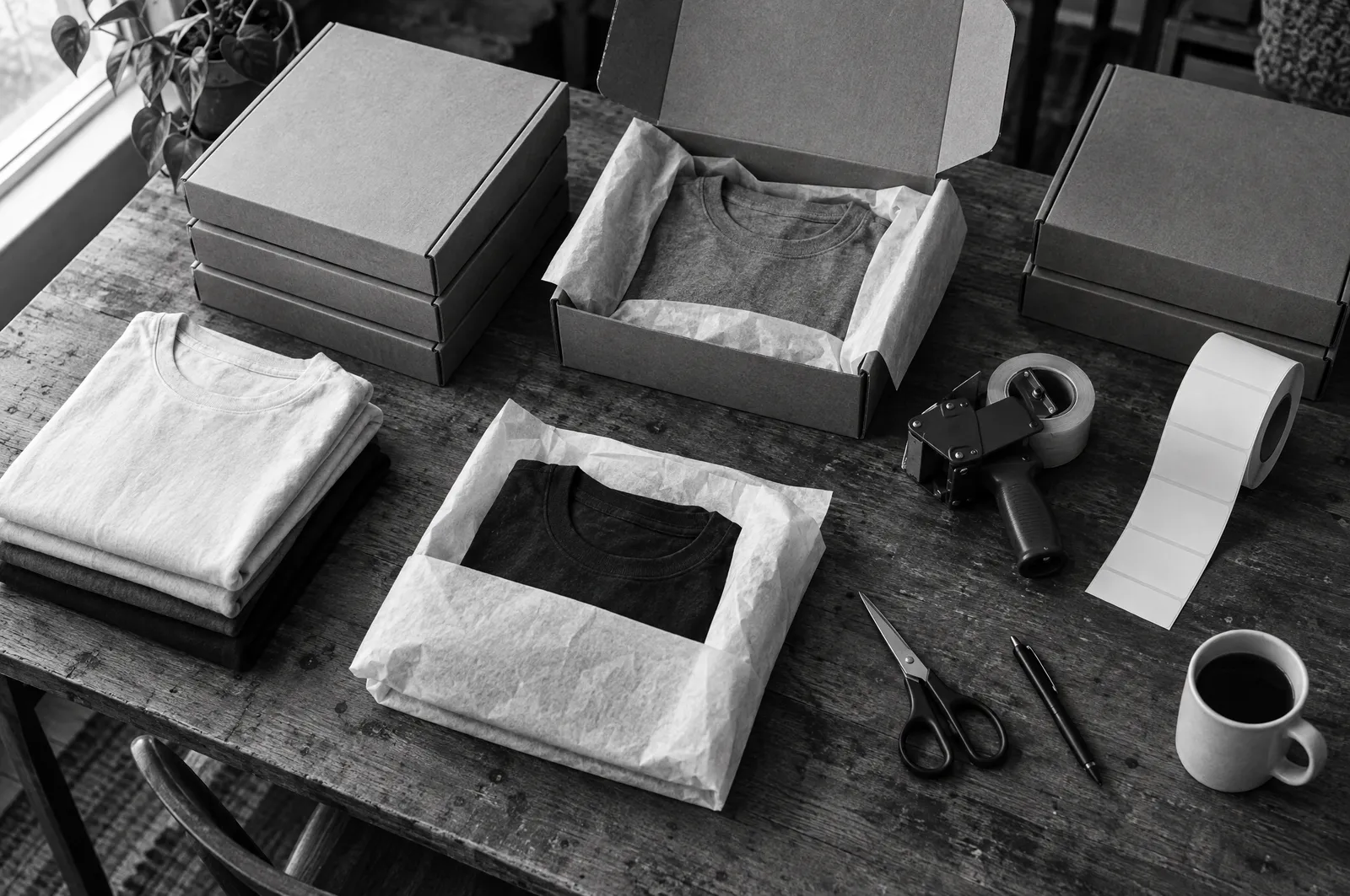 Black and white overhead photo of a packing table with plain cardboard mailer boxes, folded T-shirts in tissue paper, a tape gun, blank labels and a coffee mug.
