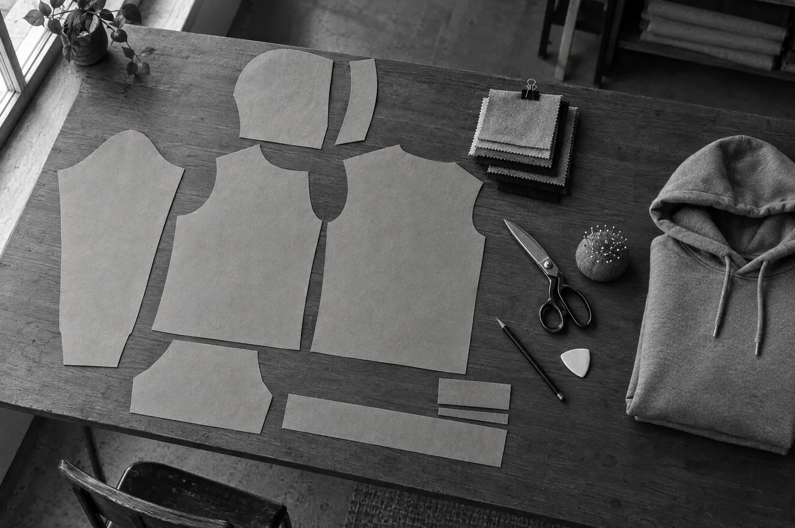 Black and white overhead photo of a sample-making table with paper pattern pieces for a hoodie, fabric swatches, shears, pins and a folded sample hoodie.