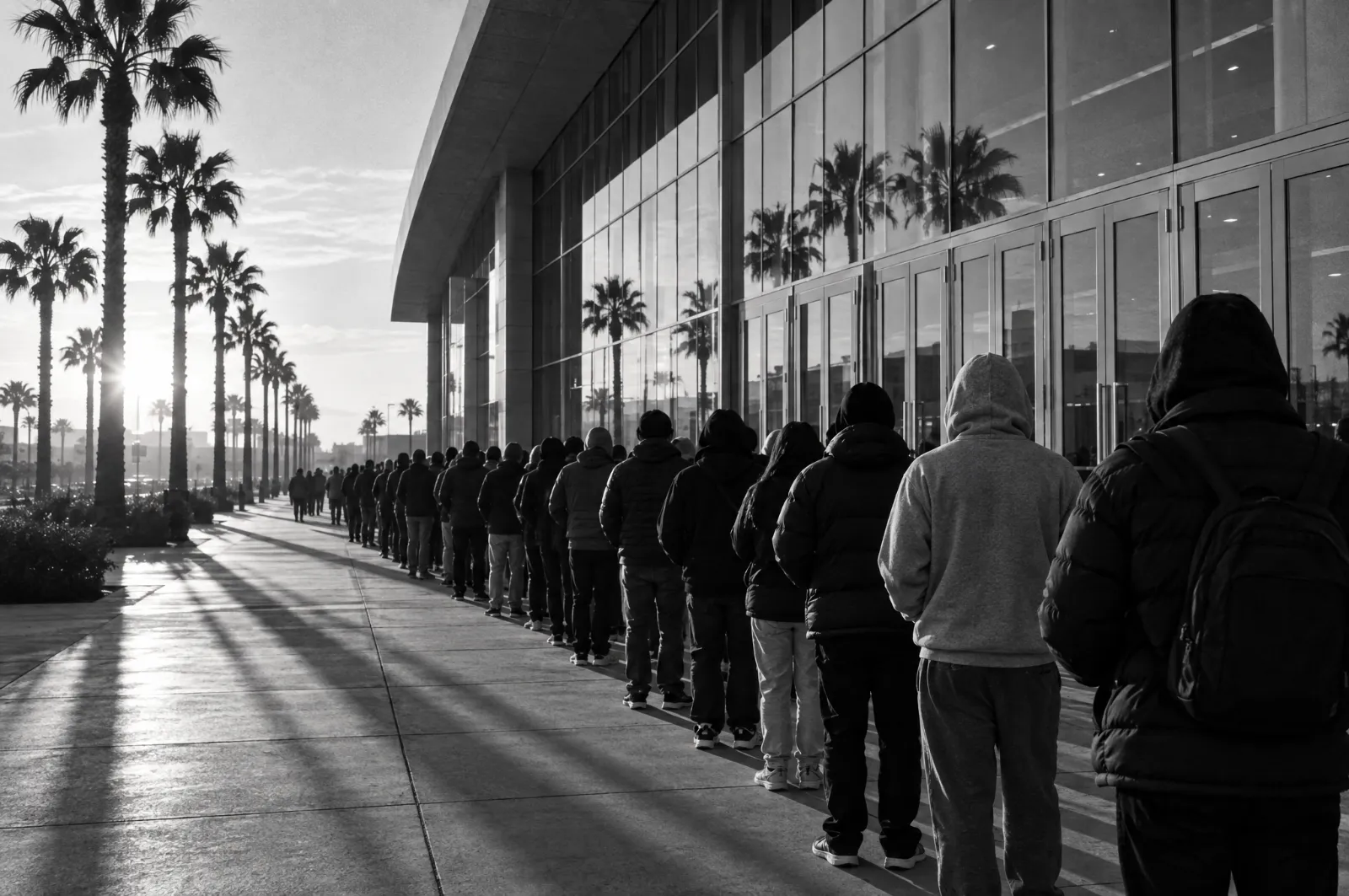 Black and white photo of a long line of people in hoodies and jackets, seen from behind, waiting outside the tall glass doors of a large convention hall at sunrise.