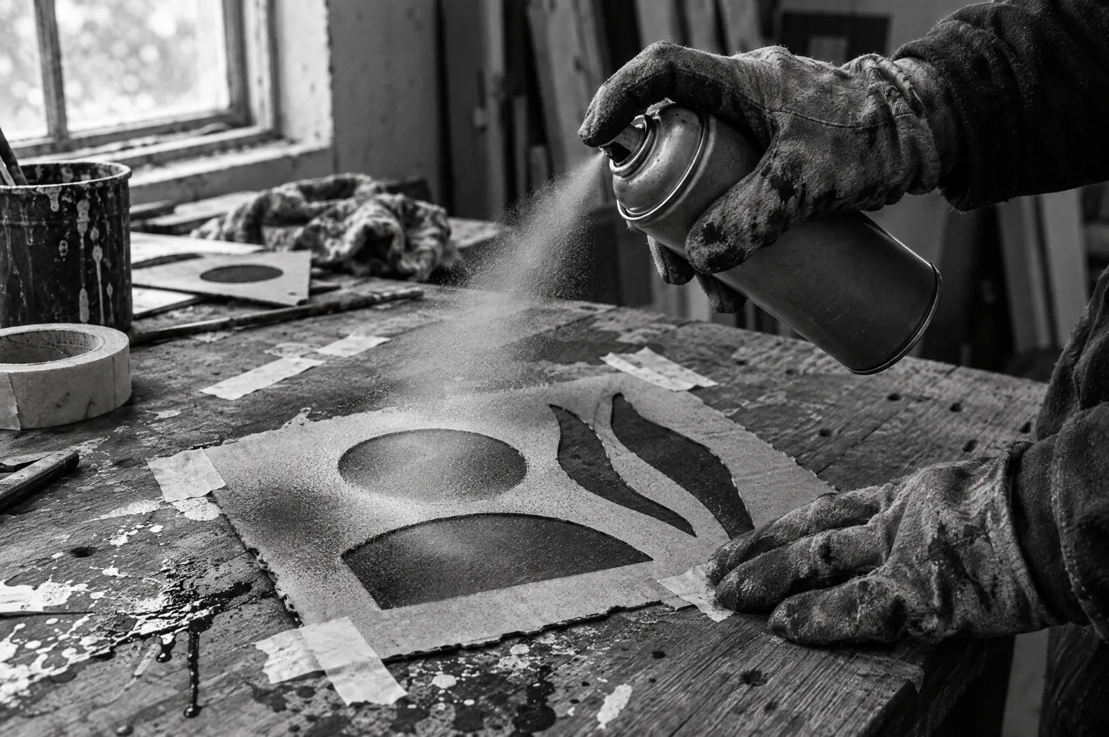 Black and white photo of hands in work gloves holding a spray paint can over a cardboard stencil on a cluttered workbench, with strips of tape around it.