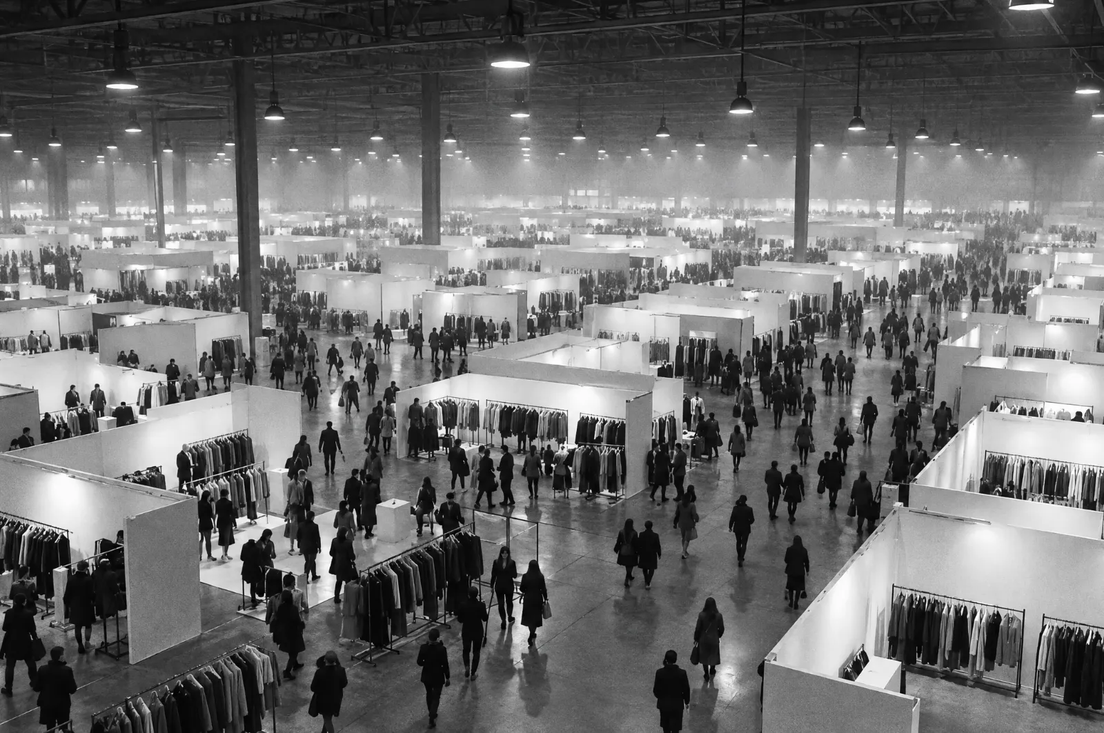 Black and white photo of a vast convention hall seen from a high balcony, with crowds moving between plain, unmarked booths under rows of hanging lights.