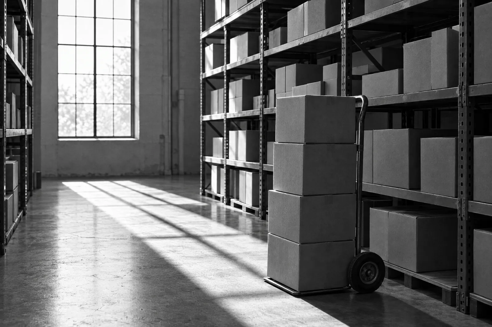 Black and white photo of a warehouse aisle with plain cardboard boxes stacked on a hand truck beside tall metal shelves, lit by a window.
