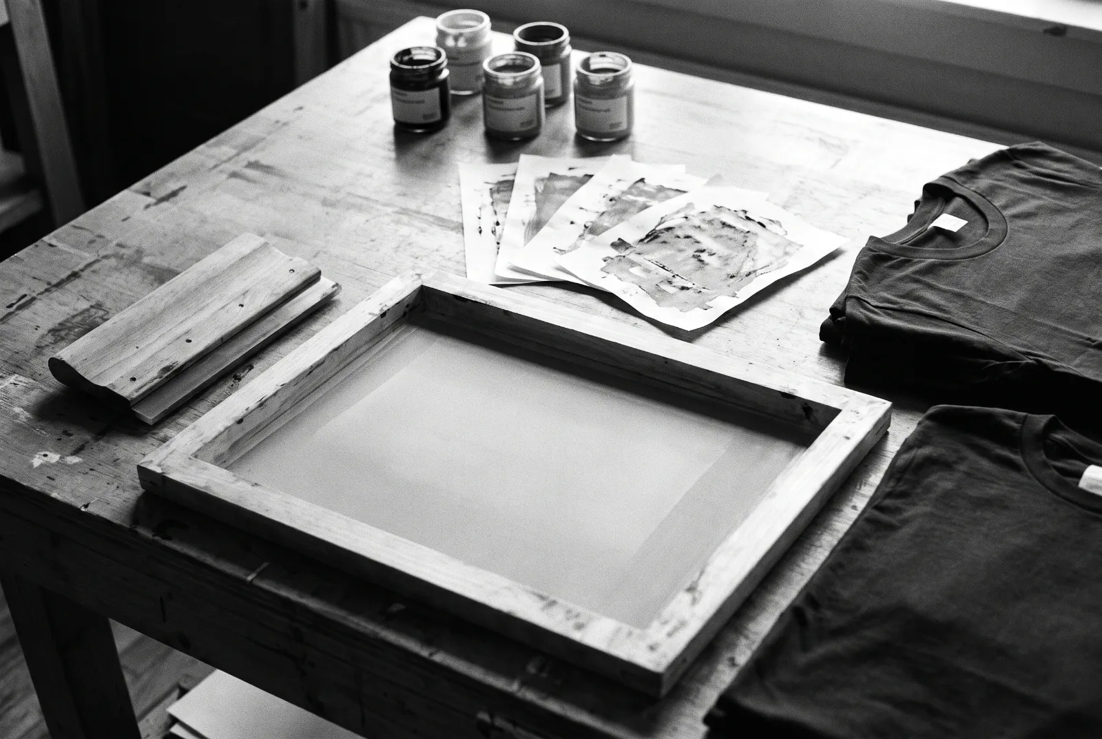 Black and white photo of a print studio table with a wooden screen-printing frame, a squeegee, small unlabeled jars of ink and a stack of folded blank T-shirts.