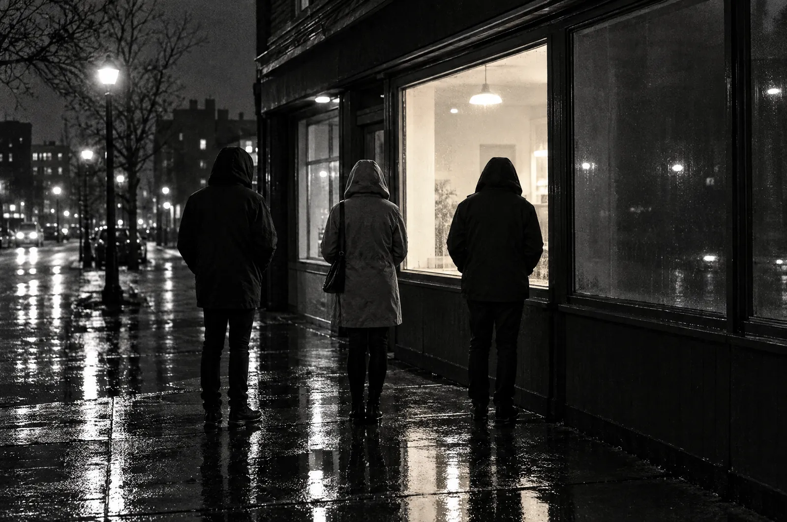 Black and white photo of three figures in hoods seen from behind, waiting on a wet sidewalk at night outside a small shop with one lit window.