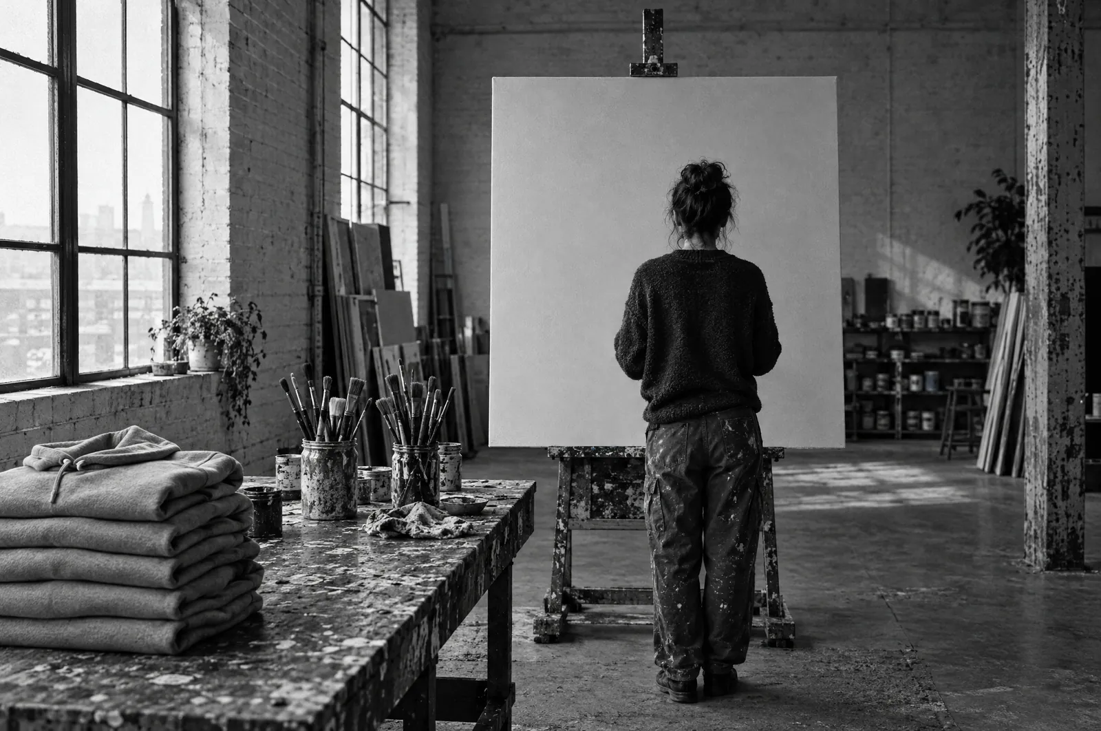 Black and white photo of a painter’s studio with a large blank canvas on an easel, paint-spattered work table, jars of brushes and a stack of folded hoodies, with one figure seen from behind.