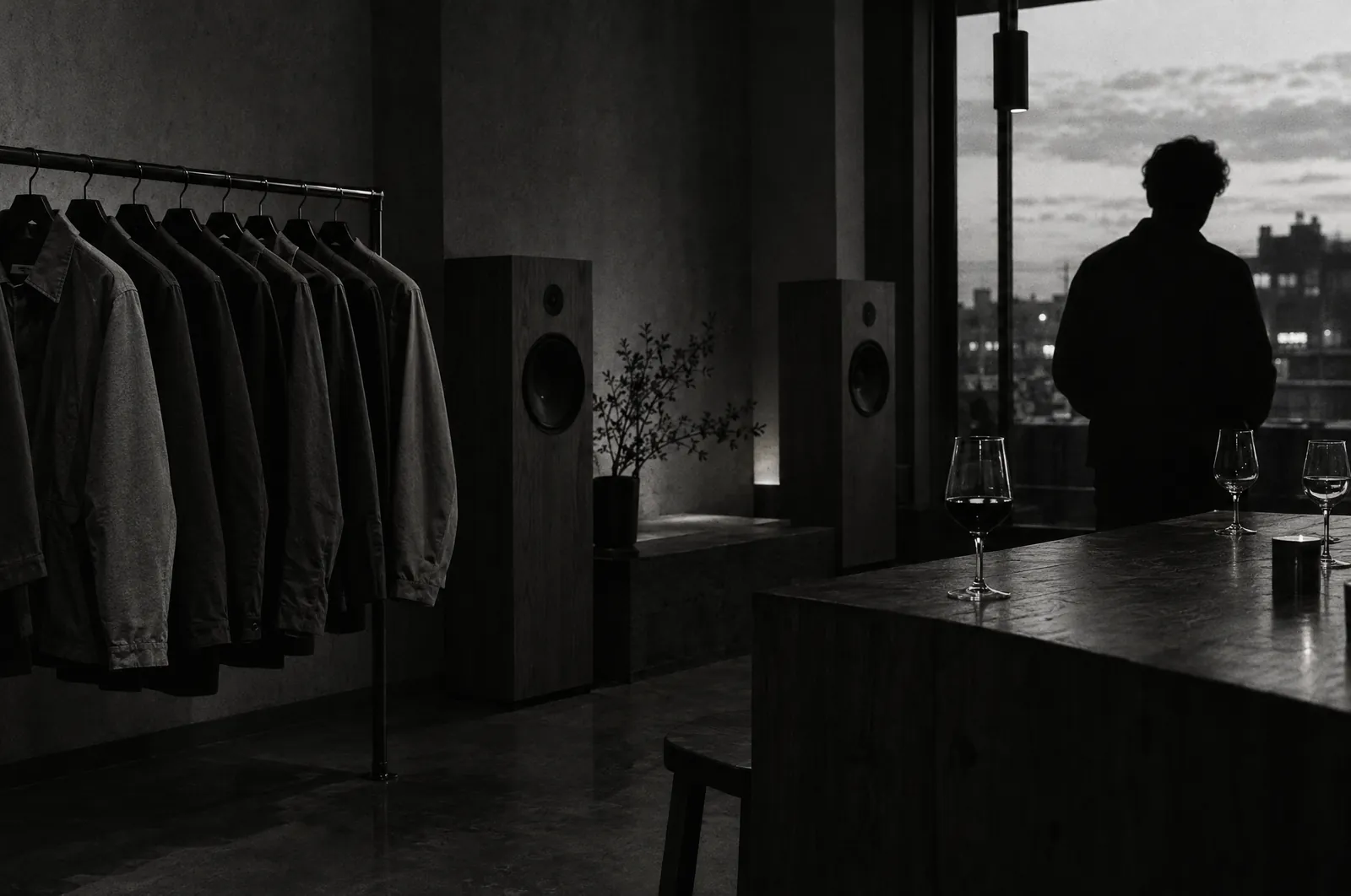 Black and white photo of a dim shop interior with a rack of plain jackets, a low wooden bar and a pair of large speakers, with one silhouetted customer.