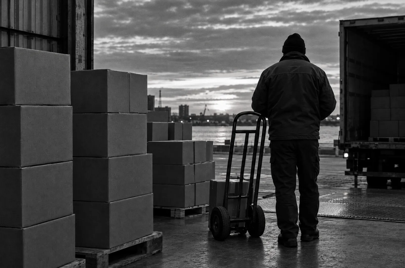 Black and white photo of stacks of plain brown parcels on a loading dock at dusk, with a hand truck and a figure in a work jacket seen from behind.