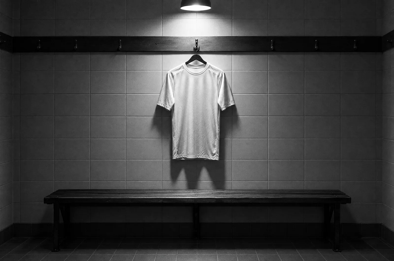 Black and white photo of a plain football jersey hanging alone on a locker room hook under a single light, with an empty wooden bench below.