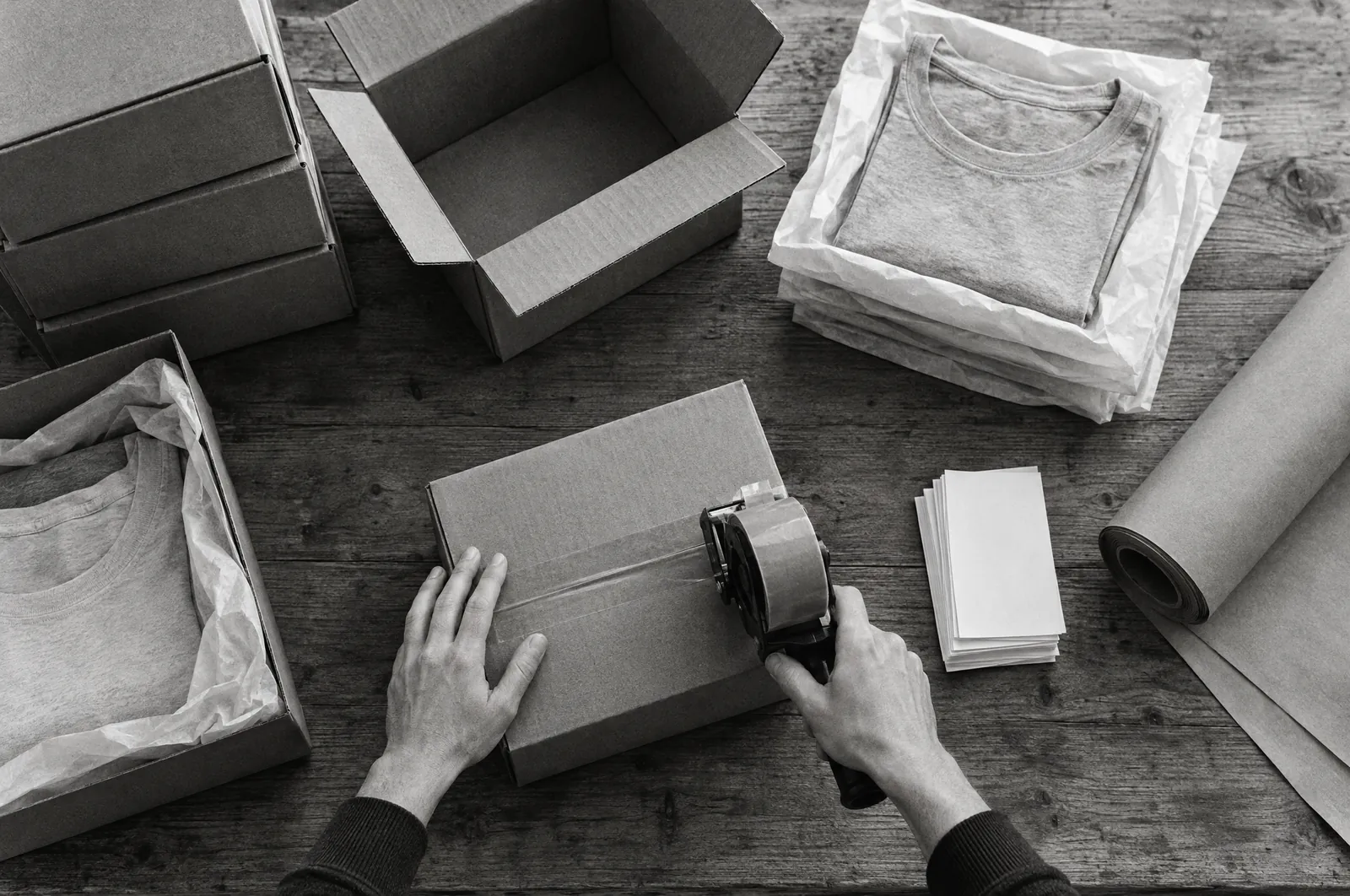 Black and white overhead photo of two hands taping a plain cardboard box on a packing table, with folded T-shirts in tissue paper, blank labels and a roll of brown paper.