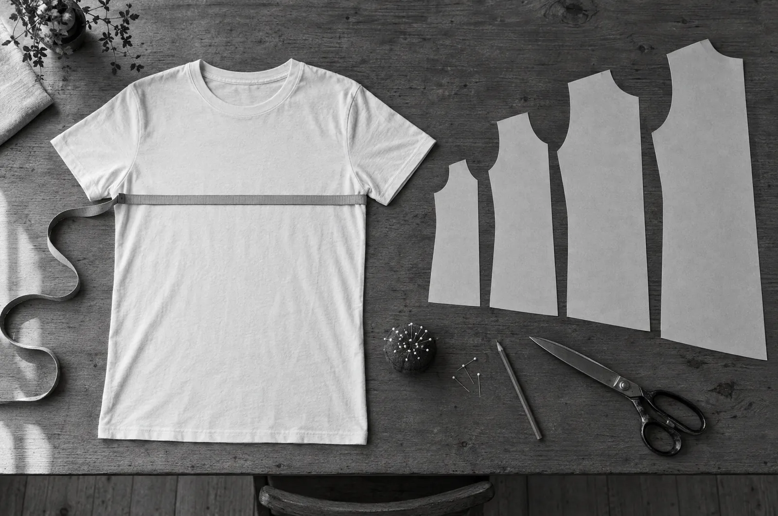 Black and white overhead photo of a cutting table with a flexible tape measure laid across a plain T-shirt, paper pattern pieces in a row of increasing sizes, pins and a pencil.